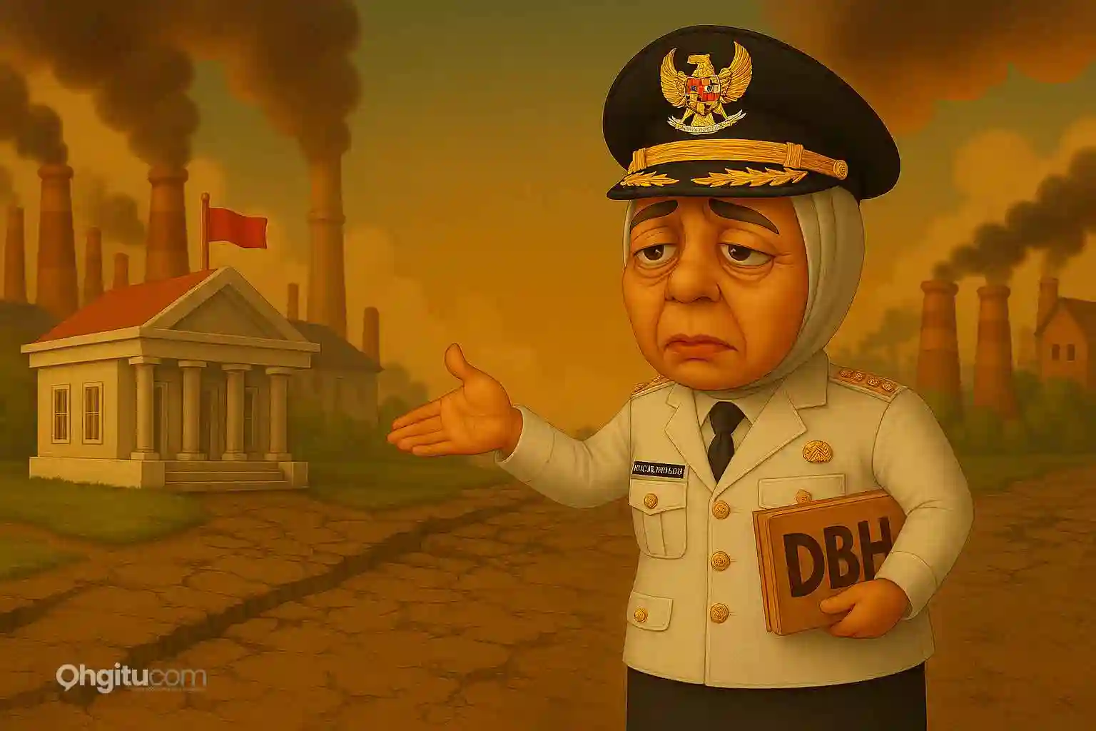 Ilustrasi kartun 3D ibu pejabat Serang meminta Dana Bagi Hasil ke pemerintah pusat dengan latar pabrik dan jalan rusak