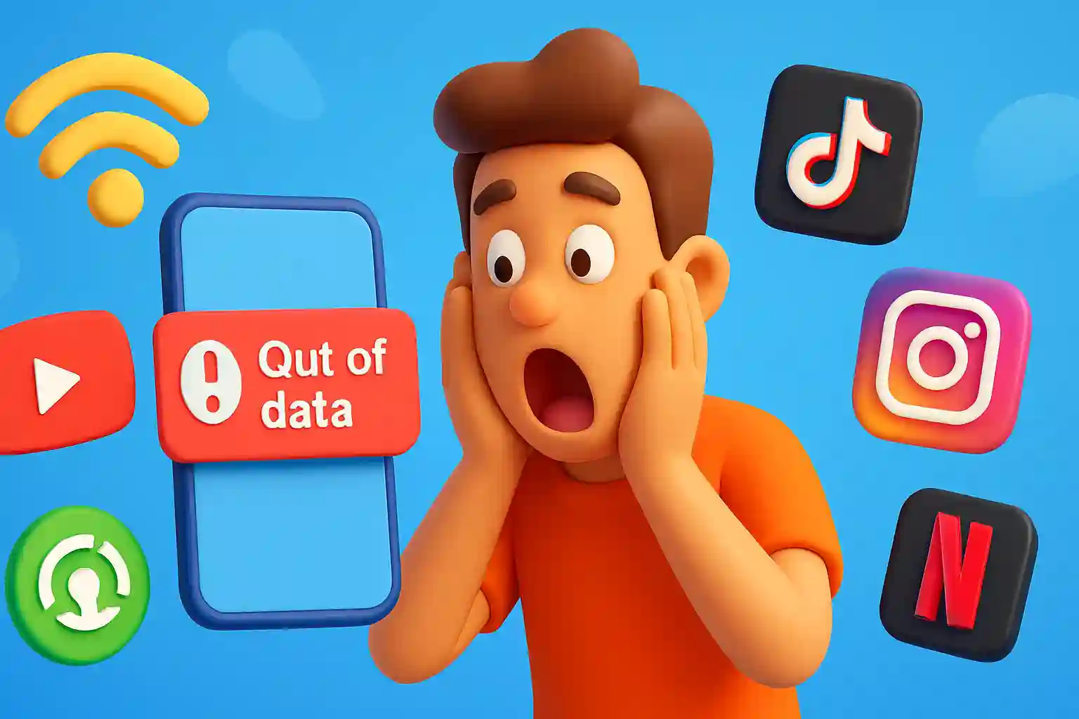 Ilustrasi kartun 3D pengguna smartphone terkejut melihat kuota internet habis, dikelilingi ikon YouTube, TikTok, Instagram, dan Netflix, dengan simbol Wi-Fi dan mode hemat data
