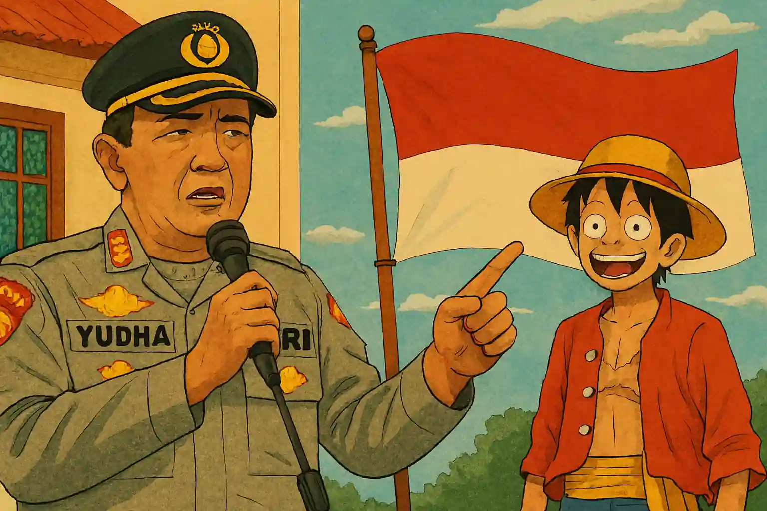 Ilustrasi kontroversi bendera Luffy; Luffy berdiri di pendopo, yang berkibar bendera merah putih jelang HUT RI di Kota Serang
