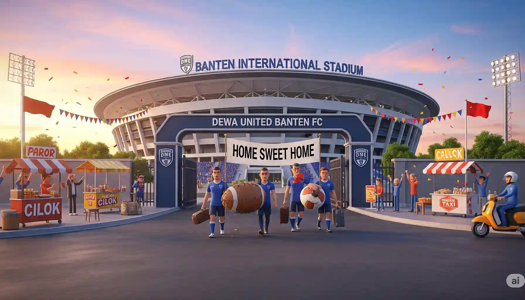 Ilustrasi 3D kartun Dewa United Banten FC pindah markas ke Banten International Stadium dengan suasana meriah dan lucu