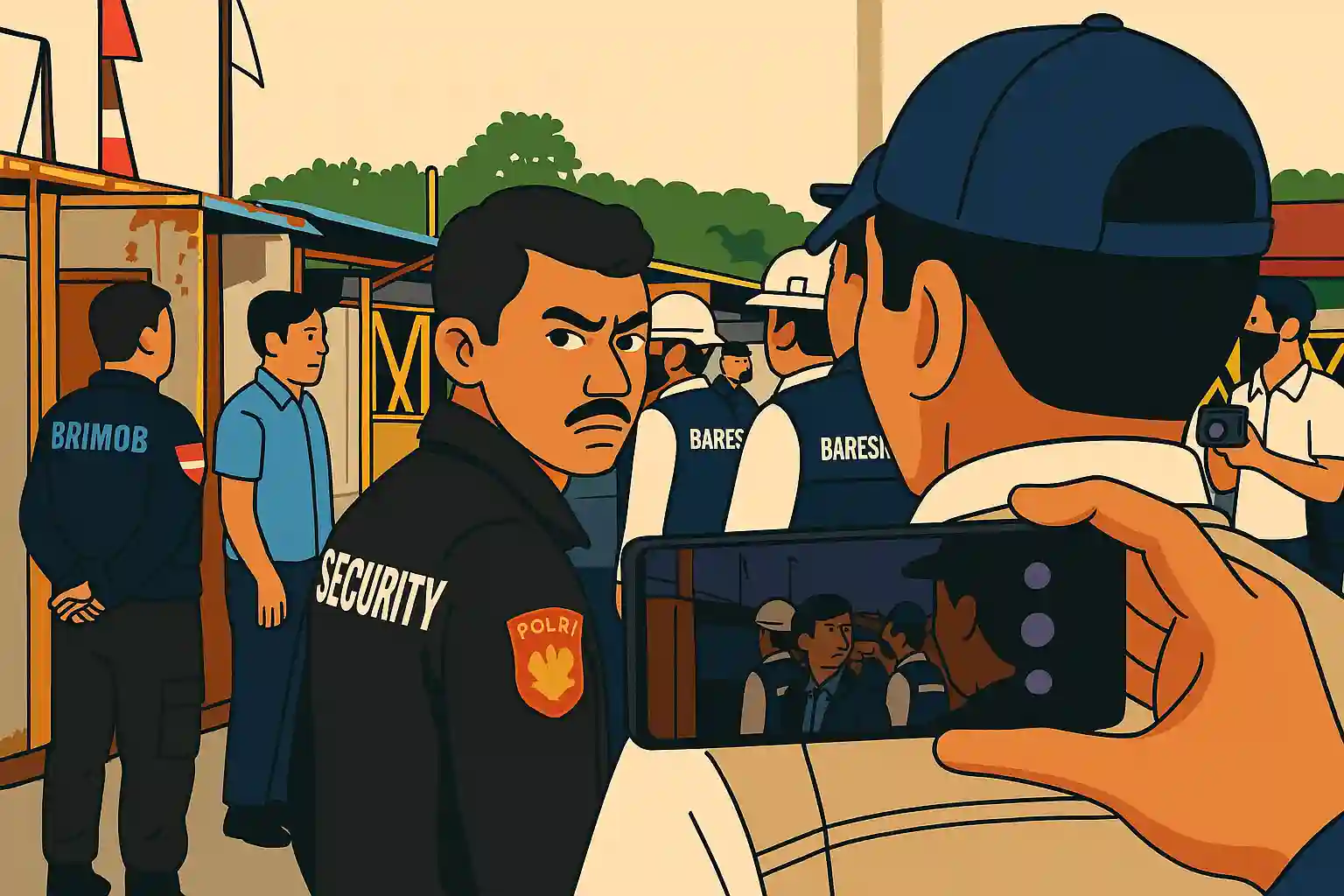 Ilustrasi flat style modern memperlihatkan beberapa pria berseragam Brimob dan Polisi di lokasi luar ruang, dengan latar pagar logam, pepohonan, dan seseorang merekam menggunakan ponsel.