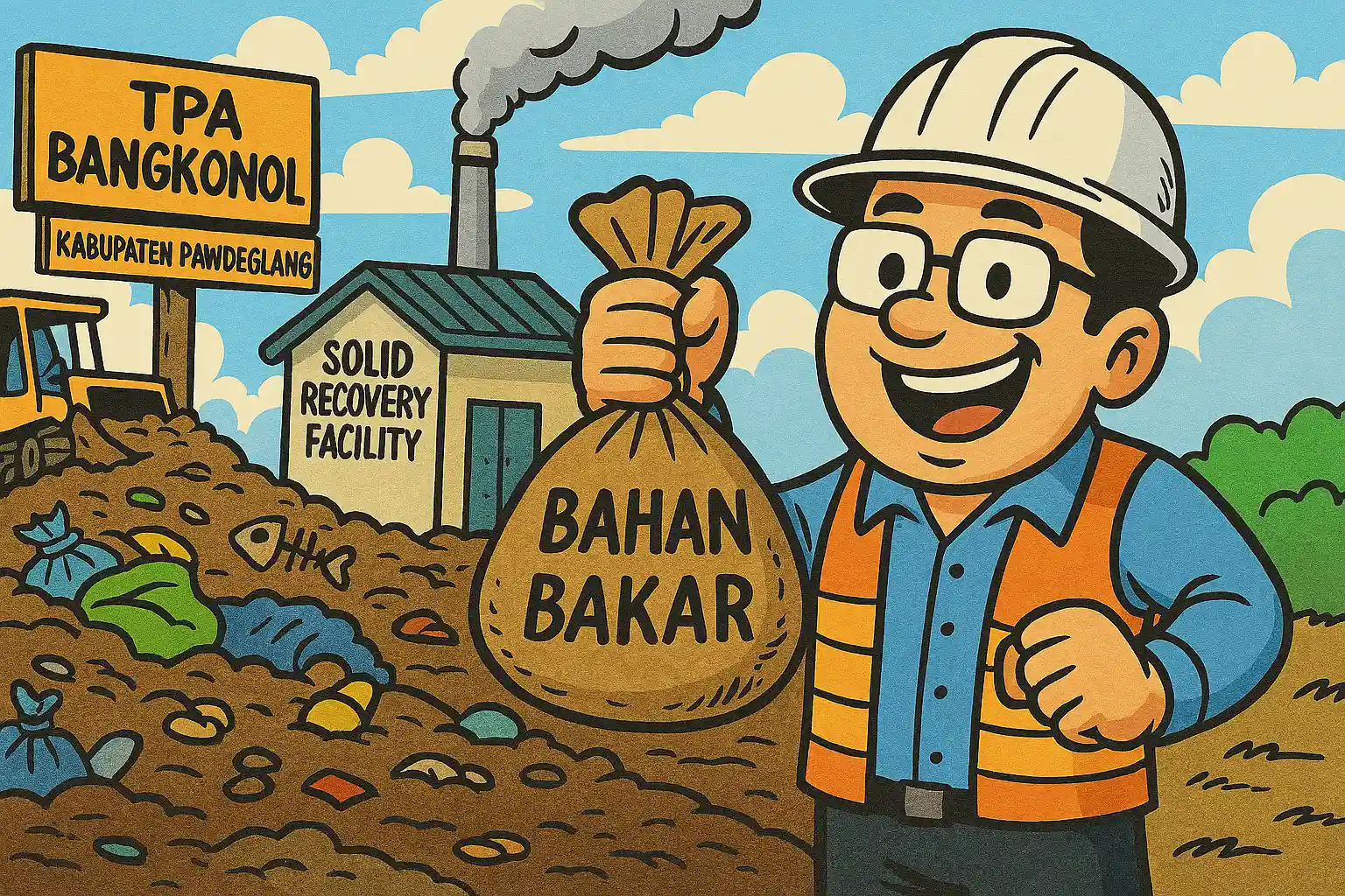 Ilustrasi kartun TPA Bangkonol di Kabupaten Pandeglang menampilkan pekerja tersenyum mengenakan helm dan rompi oranye, mengangkat karung bertuliskan 'Bahan Bakar' di depan tumpukan sampah dan fasilitas Solid Recovery Facility yang mengolah sampah menjadi energi.