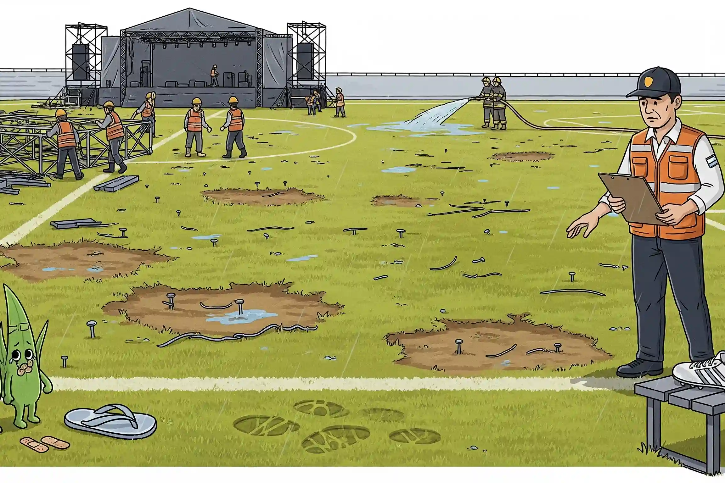Ilustrasi editorial satir tentang kerusakan lapangan Stadion Maulana Yusuf usai konser Kota Serang Fair, menampilkan pejabat memeriksa rumput rusak dan benda tajam berserakan, dengan latar panggung dibongkar dan petugas damkar menyiram lapangan.
