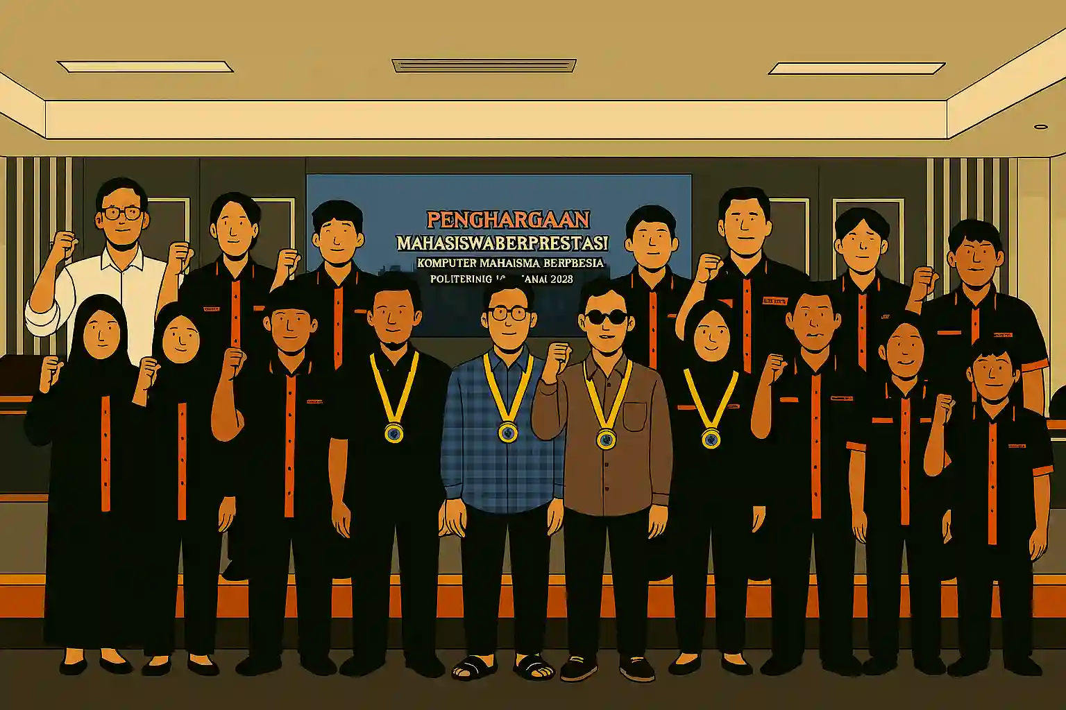 Ilustrasi kartun flat gaya wide shot menampilkan 20 anggota pengurus mahasiswa Fakultas Ilmu Komputer Universitas XYZ masa bakti 2024–2025, berpose dengan latar banner pelantikan, sebagian mengenakan medali emas dan mengangkat tangan mengepalkan tinju.
