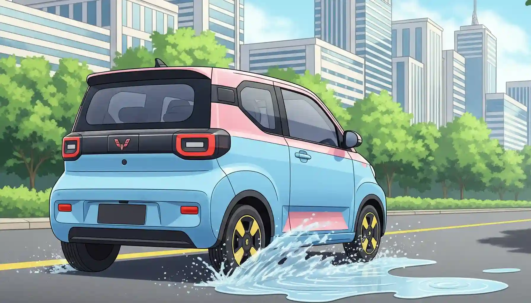 Mobil Wuling Air EV bekas melaju di jalanan kota Indonesia.